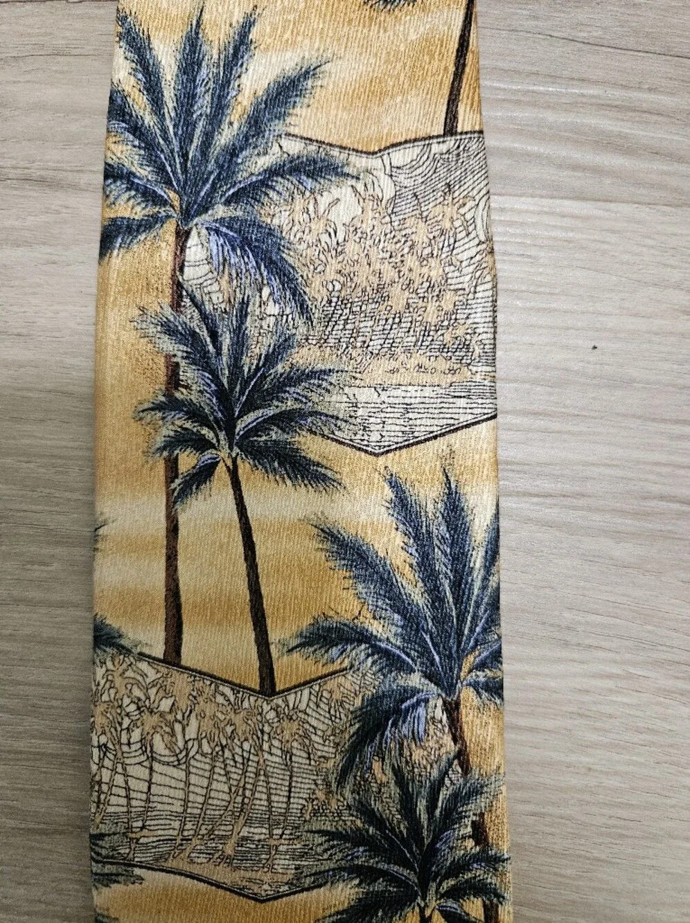 Tropical Americana Vintage 100% Silk Palm Tree Yellow Blue Neck Tie